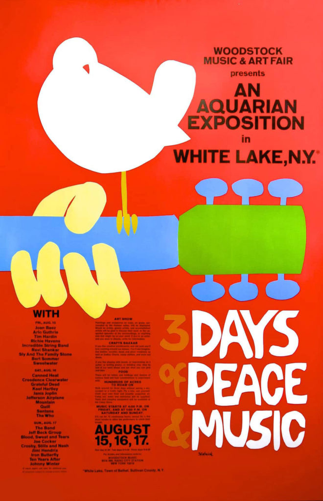 Woodstock August 15-17, 1969 rock poster by Arnold Skolnick