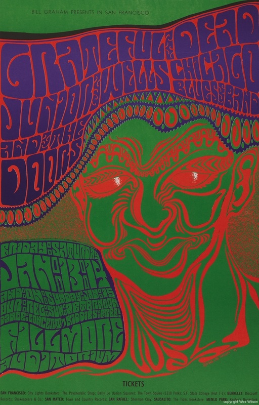 Grateful Dead, The Doors, Junior Wells Chicago Blues Band January 13-15, 1967 Fillmore Auditorium, San Francisco, CA rock poster by Wes Wilson