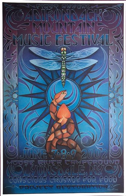 Conscious Alliance Adirondack Mountain Music Festival 6/7-9/2002 Moose River Campground, Lyonsdale, New York rock poster by Michael Everett
