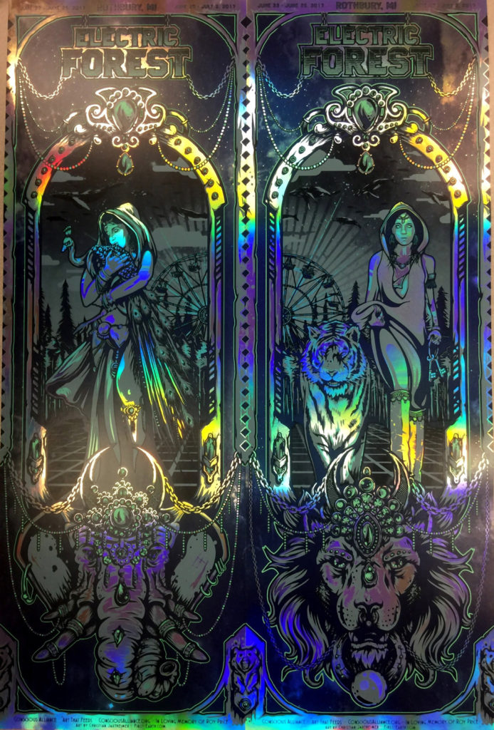 Conscious Alliance Electric Forest 2017 Rothbury, Michigan rock poster foil set by Christian Jaxtheimer